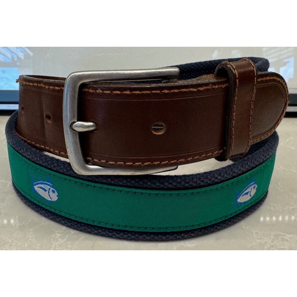 Southern Tide - Canvas Brown Leather Fish Belt - Men's Size 30 - Green